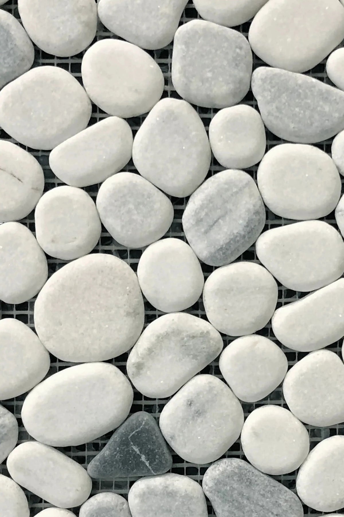 natural pebble tile mosaic on a mesh backing with varying shapes and shades of gray and white stones