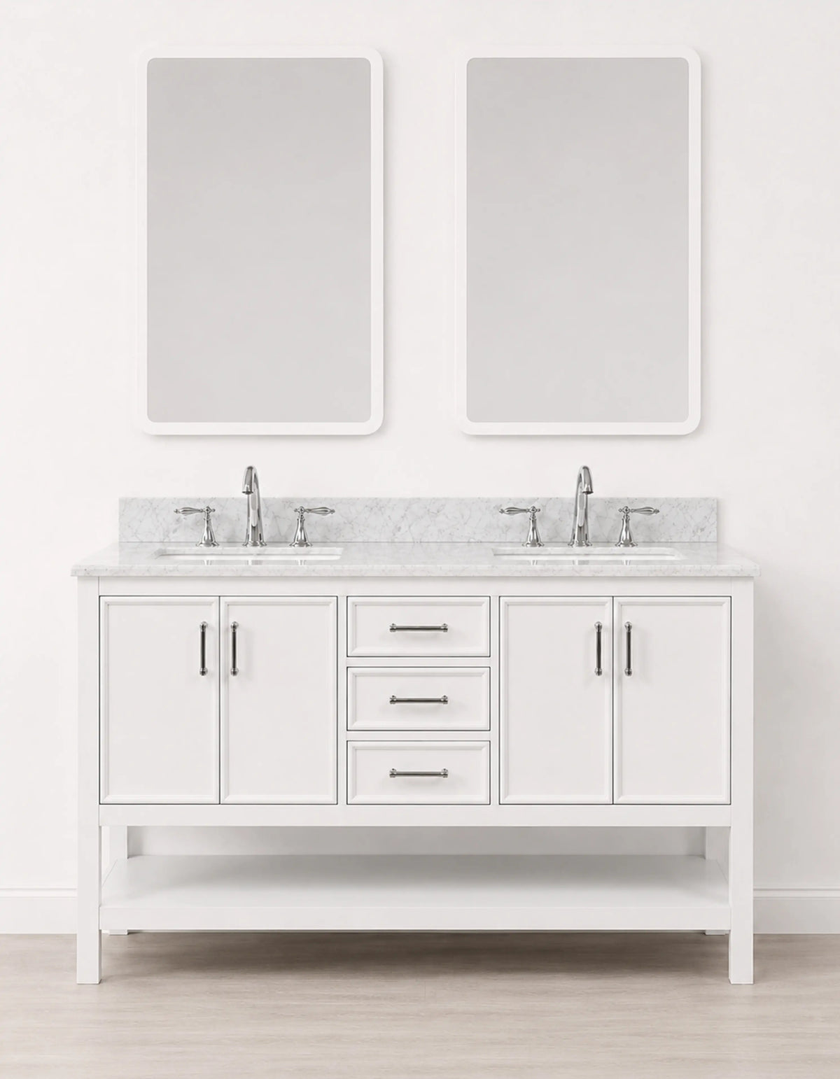 Premium double sink bathroom vanity with white cabinetry and marble countertop, featuring dual mirrors above.