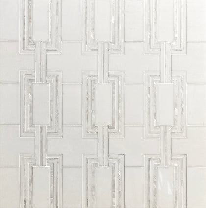Sample display board showcasing Thassos & Mother of Pearl Waterjet Mosaic Tile – elegant mosaic layout combining marble and pearl elements.