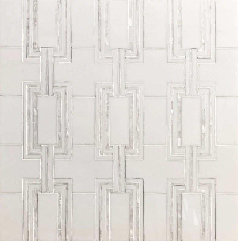 Sample display board showcasing Thassos & Mother of Pearl Waterjet Mosaic Tile – elegant mosaic layout combining marble and pearl elements.