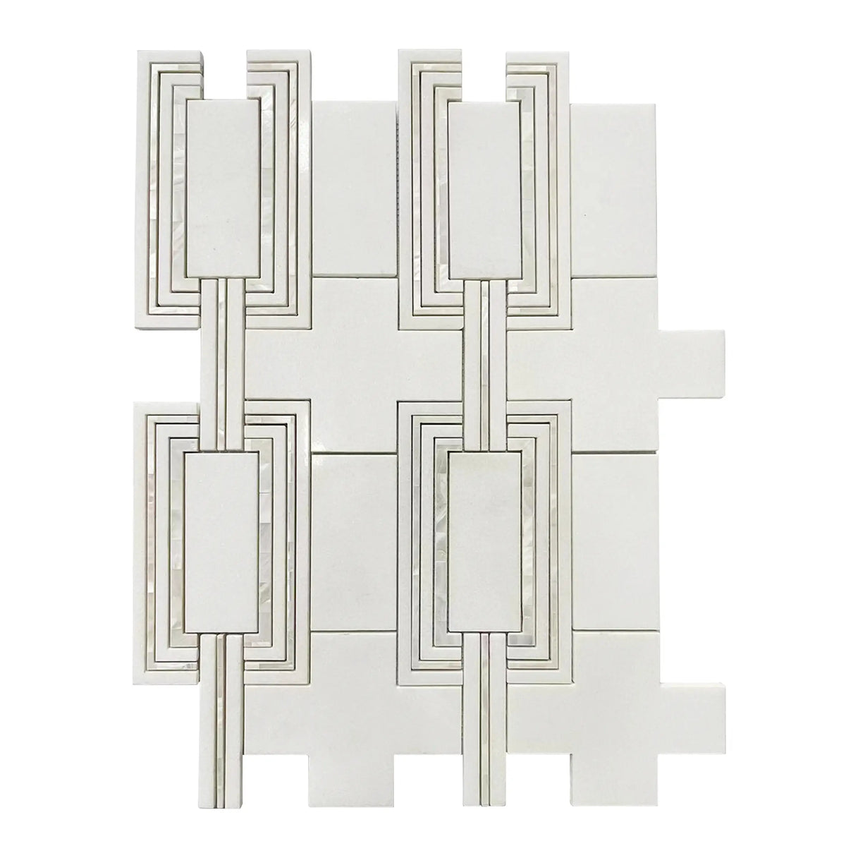 Single 14x19 inch Thassos & Mother of Pearl Waterjet Mosaic Tile – luxurious white marble and iridescent mother of pearl mosaic.