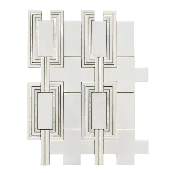 Single 14x19 inch Thassos & Mother of Pearl Waterjet Mosaic Tile – luxurious white marble and iridescent mother of pearl mosaic.