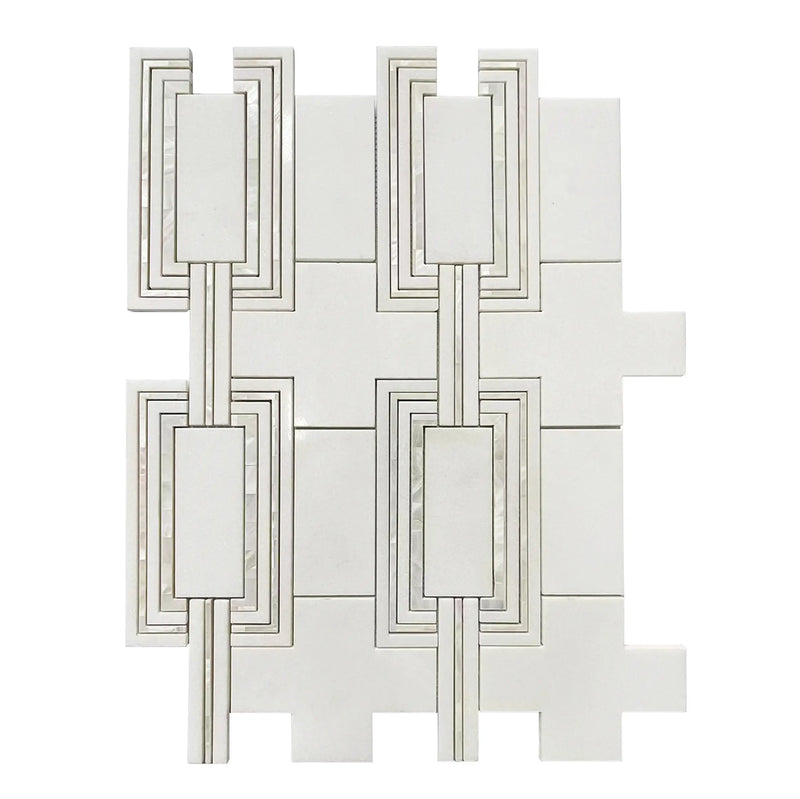 Single 14x19 inch Thassos & Mother of Pearl Waterjet Mosaic Tile – luxurious white marble and iridescent mother of pearl mosaic.