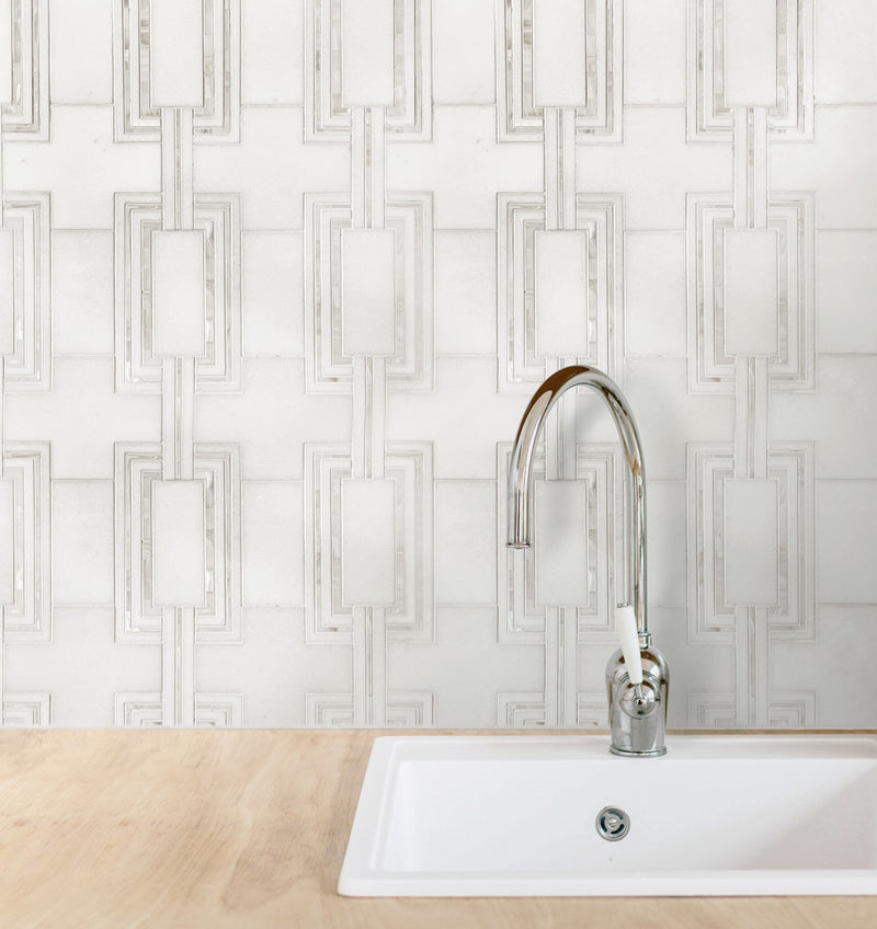 Kitchen backsplash featuring Thassos & Mother of Pearl Waterjet Mosaic Tile – radiant blend of white marble and shimmering mother of pearl.