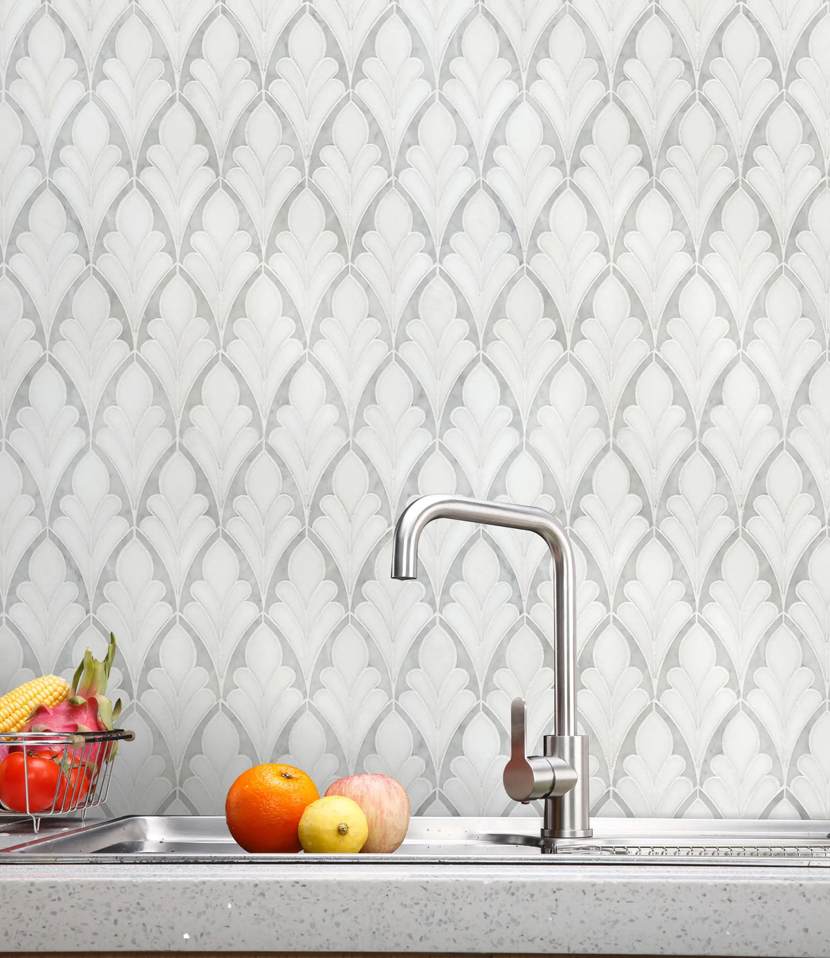 Kitchen wall featuring Carrara & Thassos Soft Floral Marble Waterjet Mosaic Tile – polished floral marble pattern adding elegance
