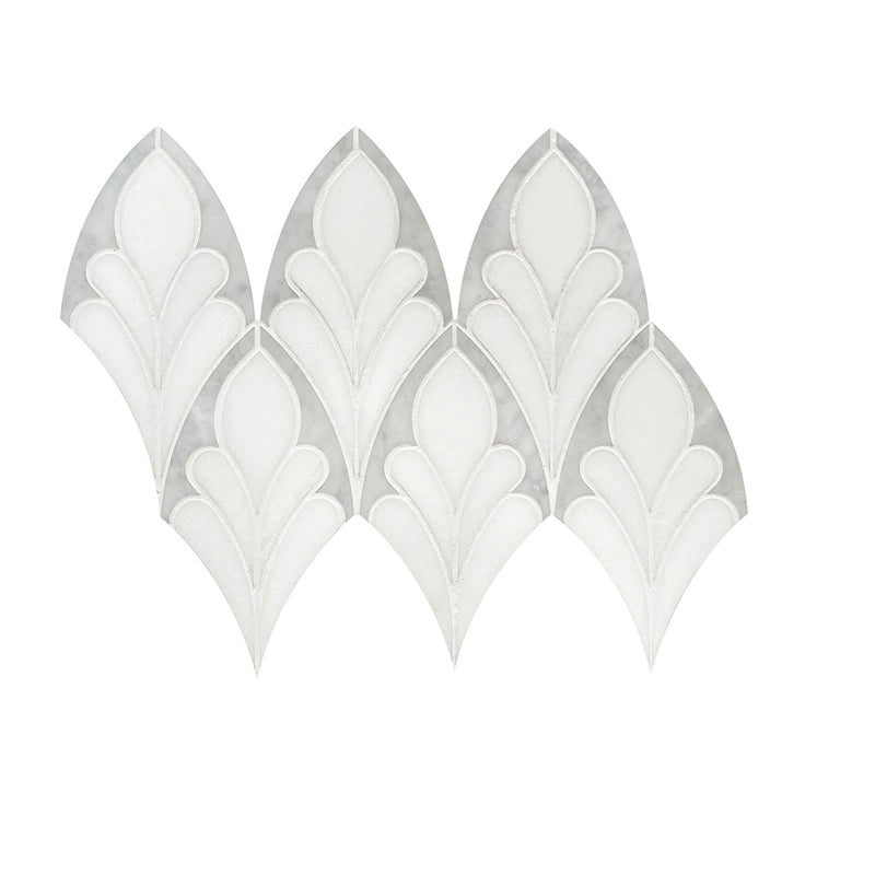 Single 7x12 inch Carrara & Thassos Soft Floral Marble Waterjet Mosaic Tile – delicate floral pattern in polished white marble.