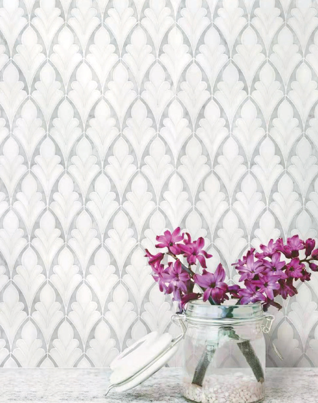 Modern kitchen backsplash with 7x12 inch Carrara & Thassos Soft Floral Marble Waterjet Mosaic Tile.