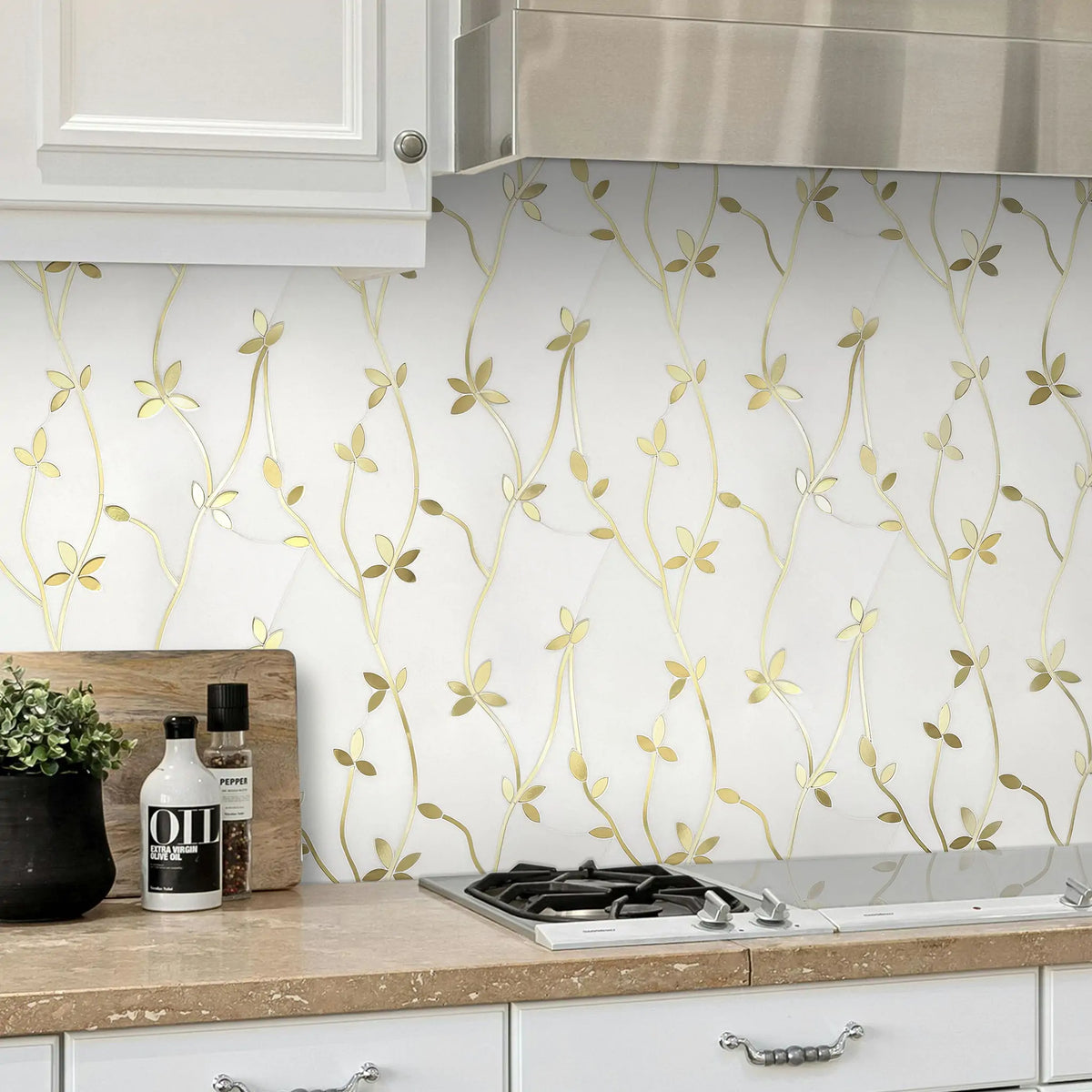 Modern kitchen wall with 13x12 inch Thassos & Brass Floral mosaic tile, blending polished marble and metallic brass highlights.