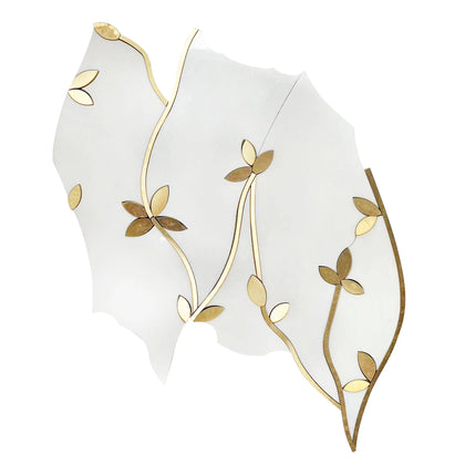 Single 13x12 inch Thassos & Brass Floral Waterjet Mosaic Tile – polished white marble with elegant brass floral accents
