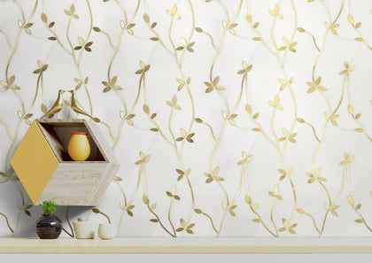 Living room accent wall showcasing Thassos & Brass Floral Waterjet Mosaic Tile – artistic floral pattern with polished marble and brass finish.