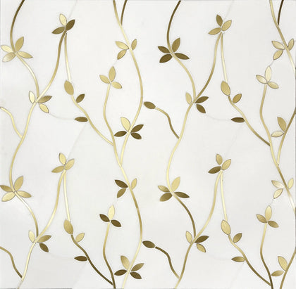 Sample display board showcasing Thassos & Brass Floral Waterjet Mosaic Tile – intricate floral pattern with marble and brass elements.