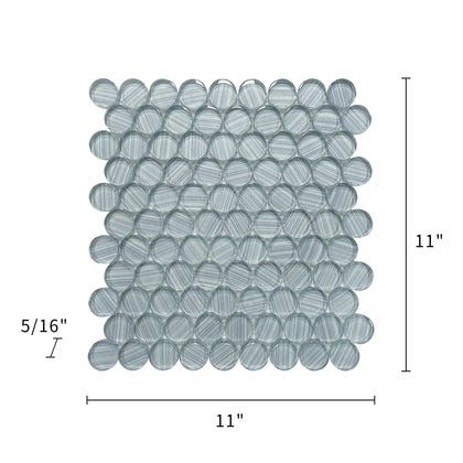 Dimension layout of Inkjet Blue 11-in x 11-in Glass Penny Mosaic Tile – round mosaic with size labels
