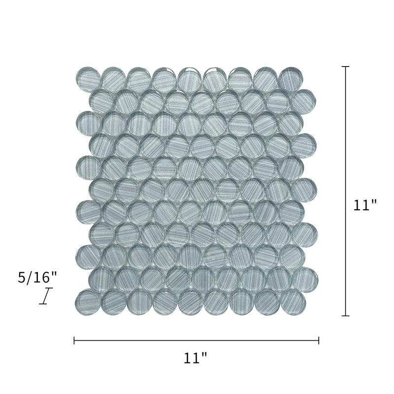 Dimension layout of Inkjet Blue 11-in x 11-in Glass Penny Mosaic Tile – round mosaic with size labels