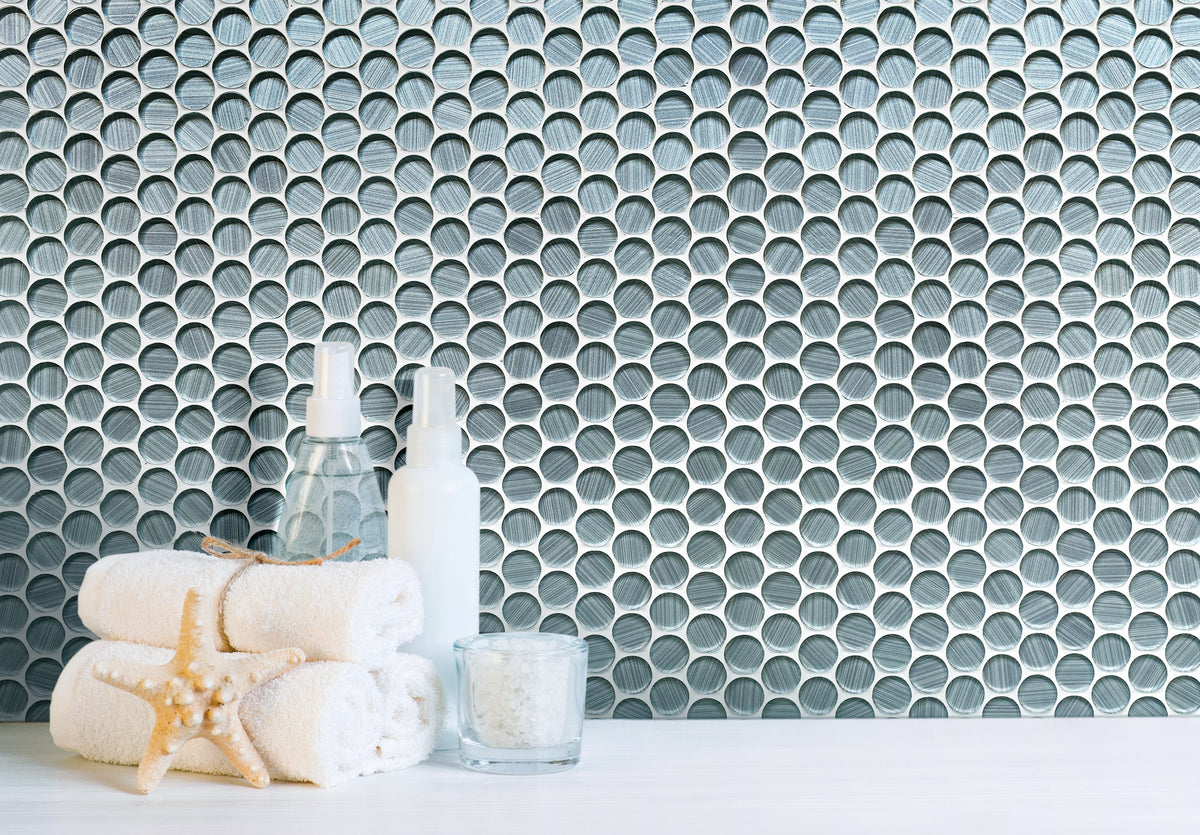 Modern bathroom wall with Inkjet Blue Glass Penny Mosaic Tile – bold and glossy round tile accent