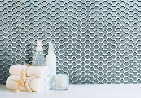 Modern bathroom wall with Inkjet Blue Glass Penny Mosaic Tile – bold and glossy round tile accent
