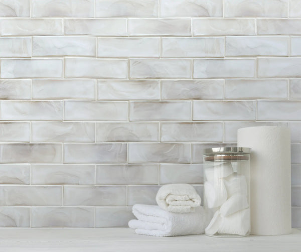 Bathroom or kitchen backsplash with White Glazed Glass Mosaic Tile – modern white glossy wall treatment