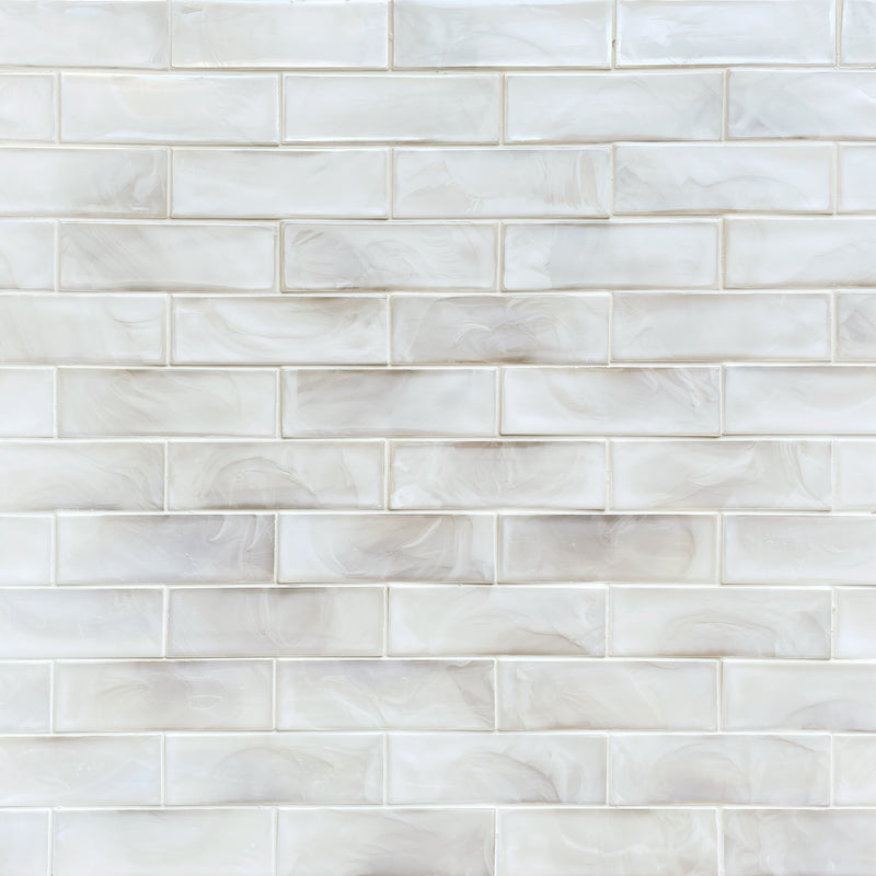 Sample board displaying White Glazed Hot 12-in x 12-in Glass Mosaic Tiles – contemporary clean look