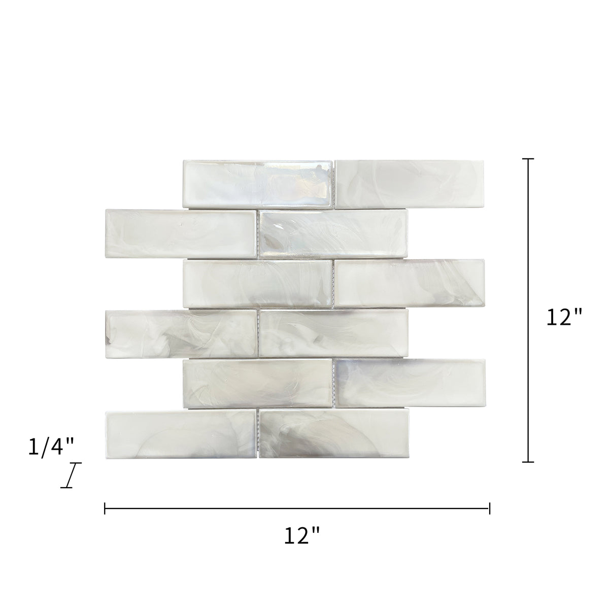 Size diagram of White Glazed Hot Glass Mosaic Wall Tile – labeled 12-in x 12-in tile with 1 sq. ft coverage