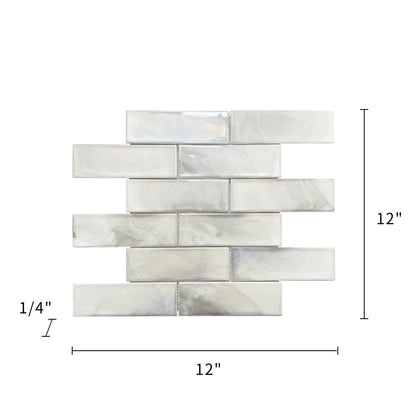Size diagram of White Glazed Hot Glass Mosaic Wall Tile – labeled 12-in x 12-in tile with 1 sq. ft coverage