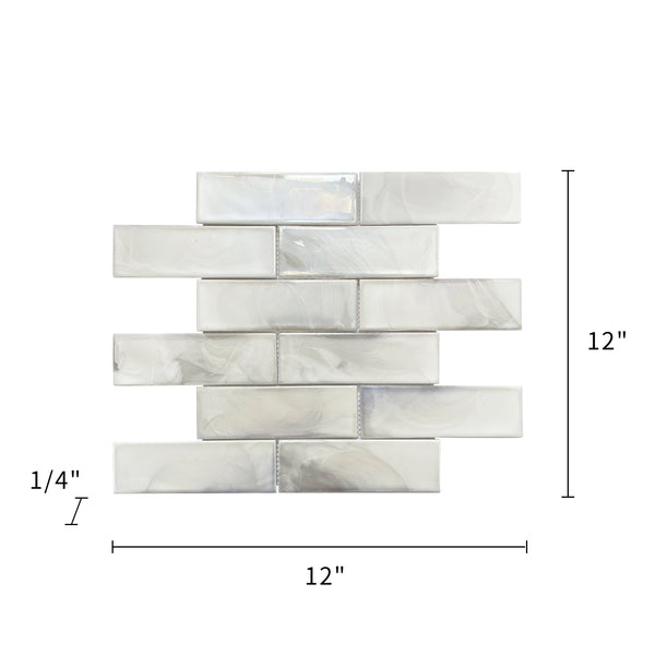 Size diagram of White Glazed Hot Glass Mosaic Wall Tile – labeled 12-in x 12-in tile with 1 sq. ft coverage