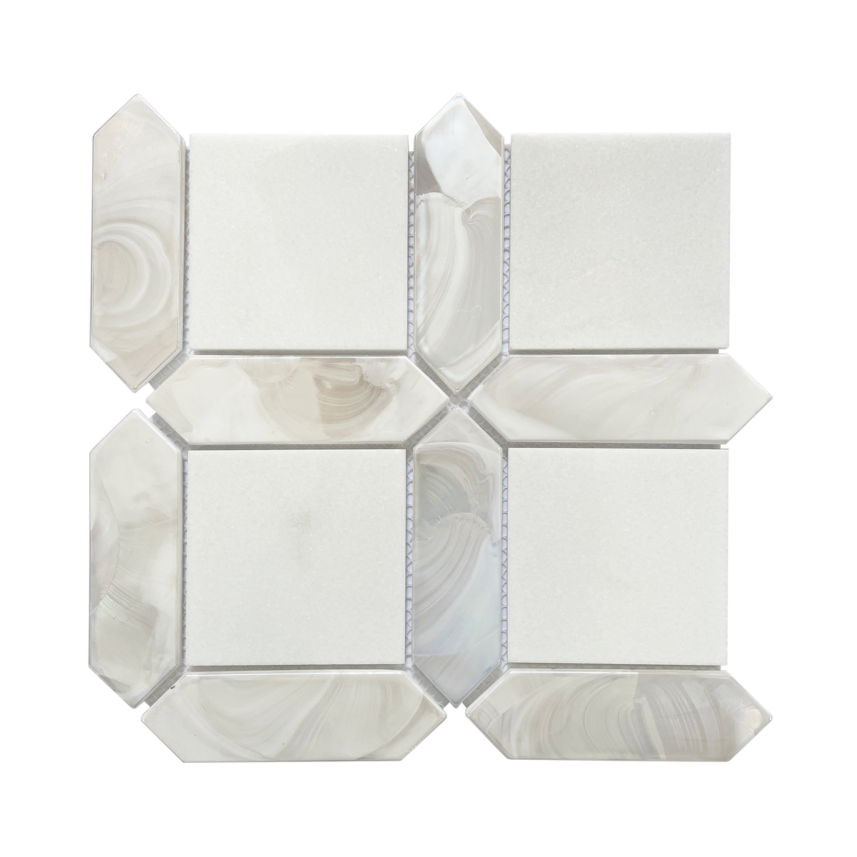 Single 11x11 inch Thassos White Marble and Glass Mosaic Tile – glossy white mosaic wall tile, 0.84 sq. ft per piece