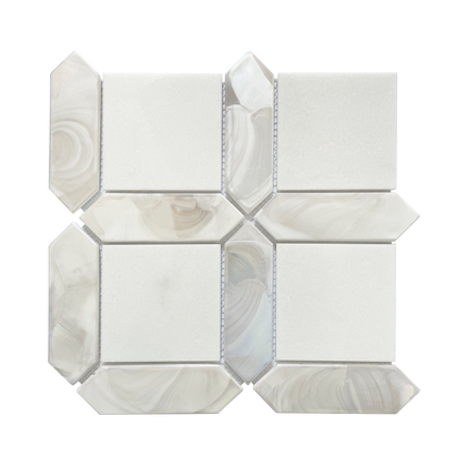 Single 11x11 inch Thassos White Marble and Glass Mosaic Tile – glossy white mosaic wall tile, 0.84 sq. ft per piece