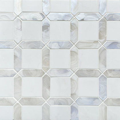 Sample display board of Thassos White Marble & Glass Mosaic Wall Tile – elegant 11x11 layout for showroom or presentation