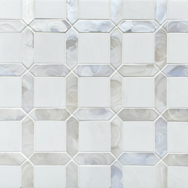 Sample display board of Thassos White Marble & Glass Mosaic Wall Tile – elegant 11x11 layout for showroom or presentation