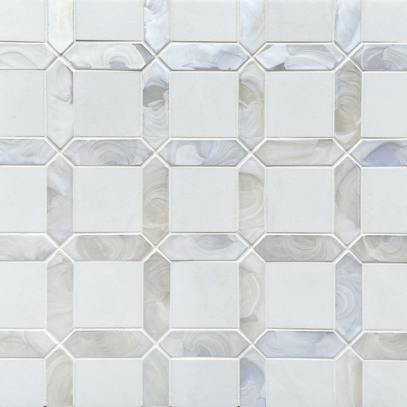 Sample display board of Thassos White Marble & Glass Mosaic Wall Tile – elegant 11x11 layout for showroom or presentation