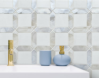 Bathroom wall featuring Thassos Marble and Glass Mosaic Tiles – glossy white 11x11 tiles in a bright, modern setting