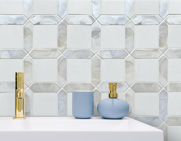 Bathroom wall featuring Thassos Marble and Glass Mosaic Tiles – glossy white 11x11 tiles in a bright, modern setting