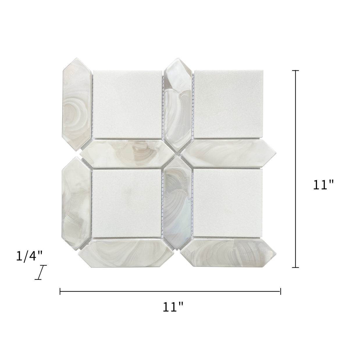 Size diagram of 11x11 inch Thassos White Marble and Glass Mosaic Tile – labeled for wall use, 0.84 sq. ft coverage
