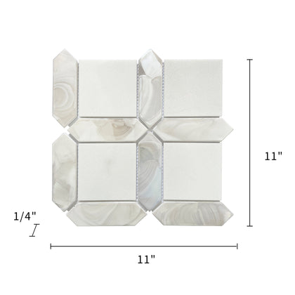 Size diagram of 11x11 inch Thassos White Marble and Glass Mosaic Tile – labeled for wall use, 0.84 sq. ft coverage