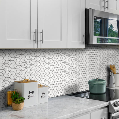 Kitchen backsplash with Rhombus Matte Porcelain Mosaic Tiles – stylish 10.5x12 in. modern geometric layout.