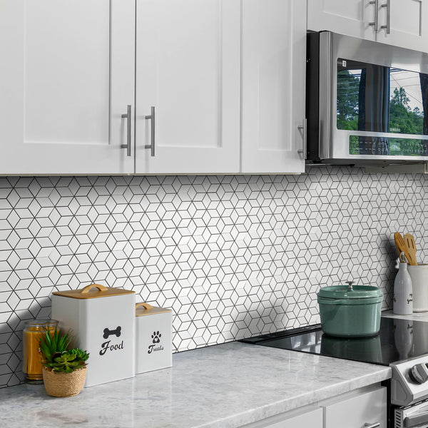 Kitchen backsplash with Rhombus Matte Porcelain Mosaic Tiles – stylish 10.5x12 in. modern geometric layout.