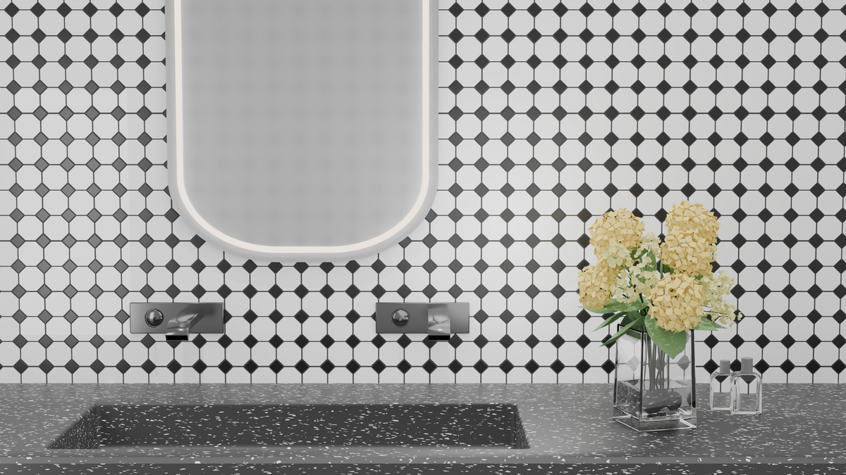 Matte porcelain octagon tile on bathroom floor – 11.6x11.6 inch layout with a minimalist style.
