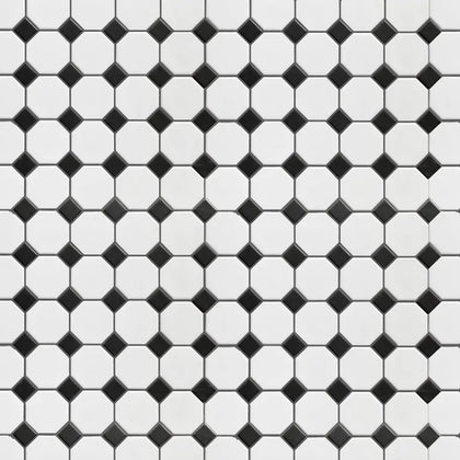 Sample display board of Matte Octagon Mosaic Tile – 11.6x11.6 in. porcelain tile mounted for showroom use.