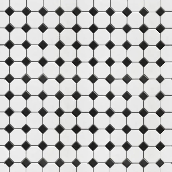 Sample display board of Matte Octagon Mosaic Tile – 11.6x11.6 in. porcelain tile mounted for showroom use.