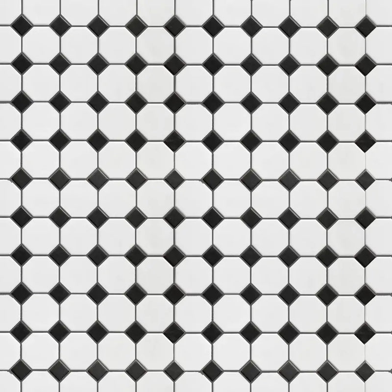 Sample display board of Matte Octagon Mosaic Tile – 11.6x11.6 in. porcelain tile mounted for showroom use.