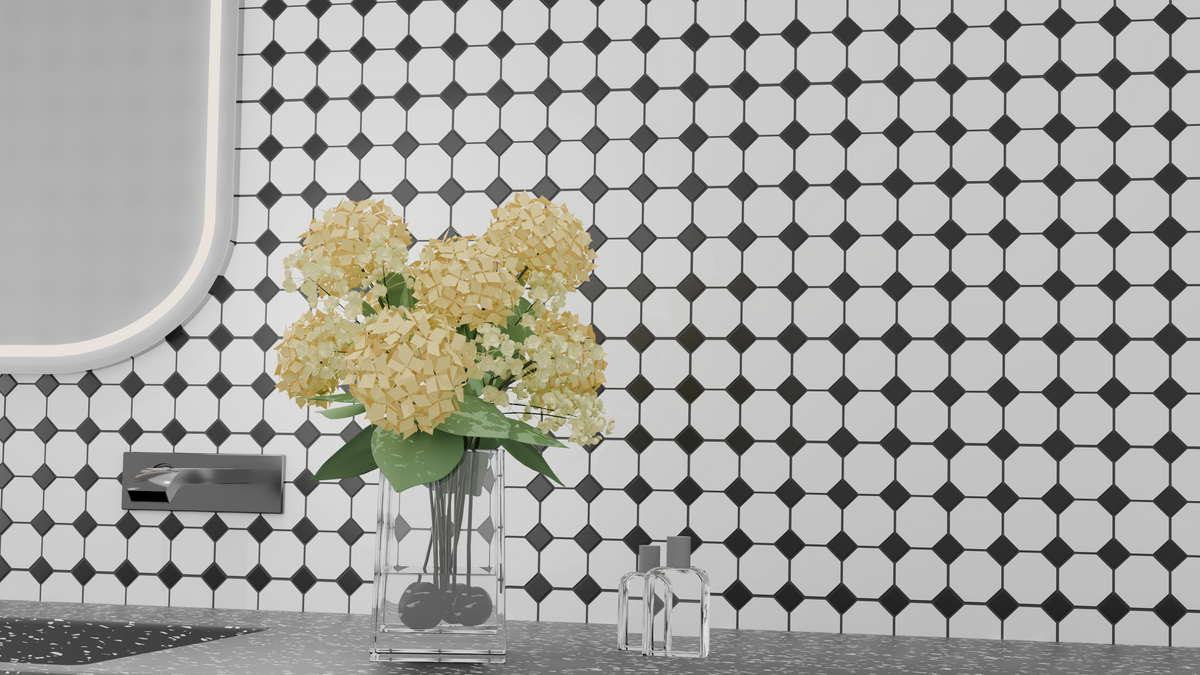 Matte porcelain octagon tile on bathroom floor – 11.6x11.6 inch layout with a minimalist style.