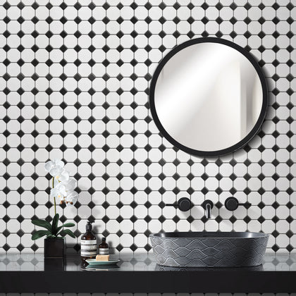 Bathroom feature wall with Matte Octagon 11.6x11.6 Porcelain Mosaic Tiles – soft neutral ton