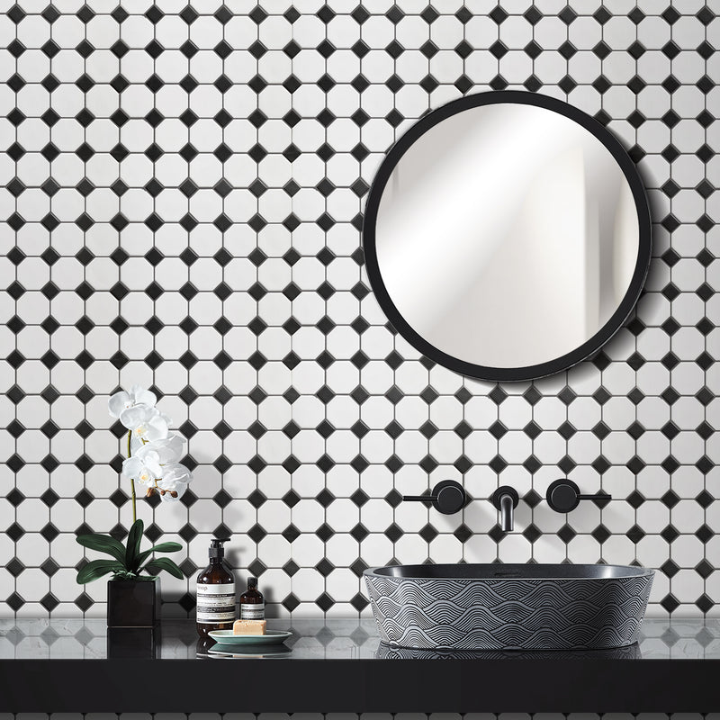 Bathroom feature wall with Matte Octagon 11.6x11.6 Porcelain Mosaic Tiles – soft neutral ton