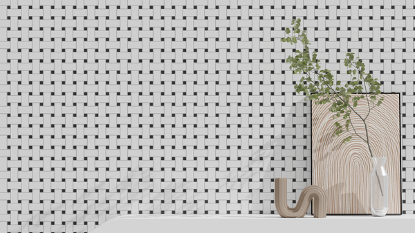Kitchen design featuring Basketweave mosaic tile – porcelain 12-in x 12-in floor and wall application.