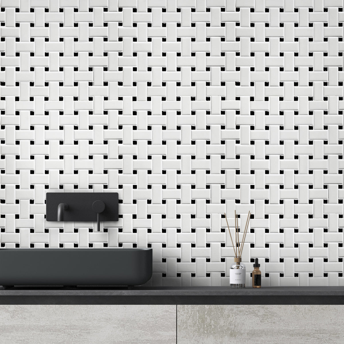 Bathroom wall and floor with Basketweave 12x12 in. porcelain mosaic tiles – matte and satin finish.