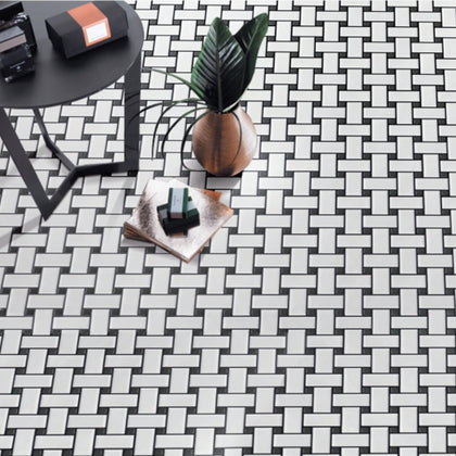 Basketweave porcelain mosaic tile featured on living room wall – elegant matte and satin finish.