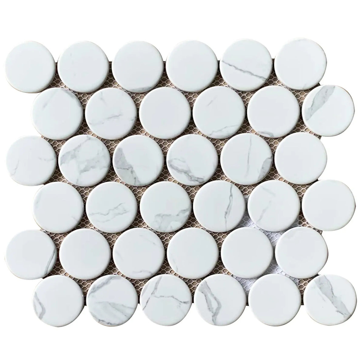 2-inch Penny Round Glazed Satin Porcelain Mosaic Tile – single 12x10.5 inch glazed satin porcelain mosaic tile for floors and walls.