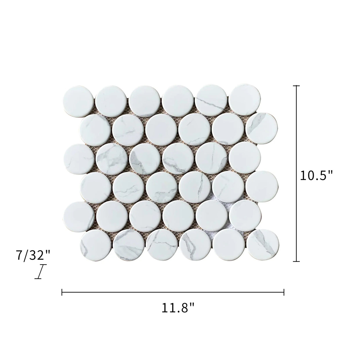 Size diagram of 2-inch Penny Round Glazed Satin Porcelain Mosaic Tile – 12x10.5 inch tile with labeled dimensions for floor and wall.