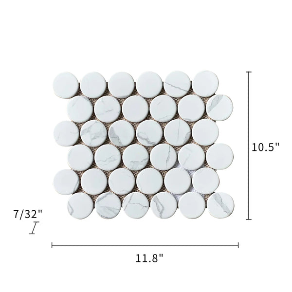 Size diagram of 2-inch Penny Round Glazed Satin Porcelain Mosaic Tile – 12x10.5 inch tile with labeled dimensions for floor and wall.