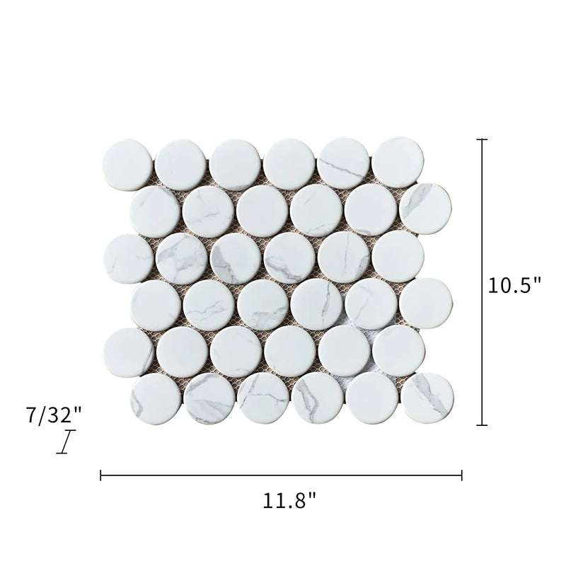 Size diagram of 2-inch Penny Round Glazed Satin Porcelain Mosaic Tile – 12x10.5 inch tile with labeled dimensions for floor and wall.