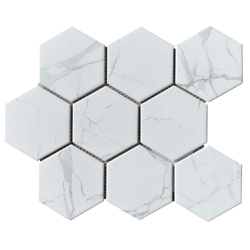 4-inch Hexagon Statuario Satin Porcelain Mosaic Tile – single 12x10 inch glazed tile for modern floor and wall applications.